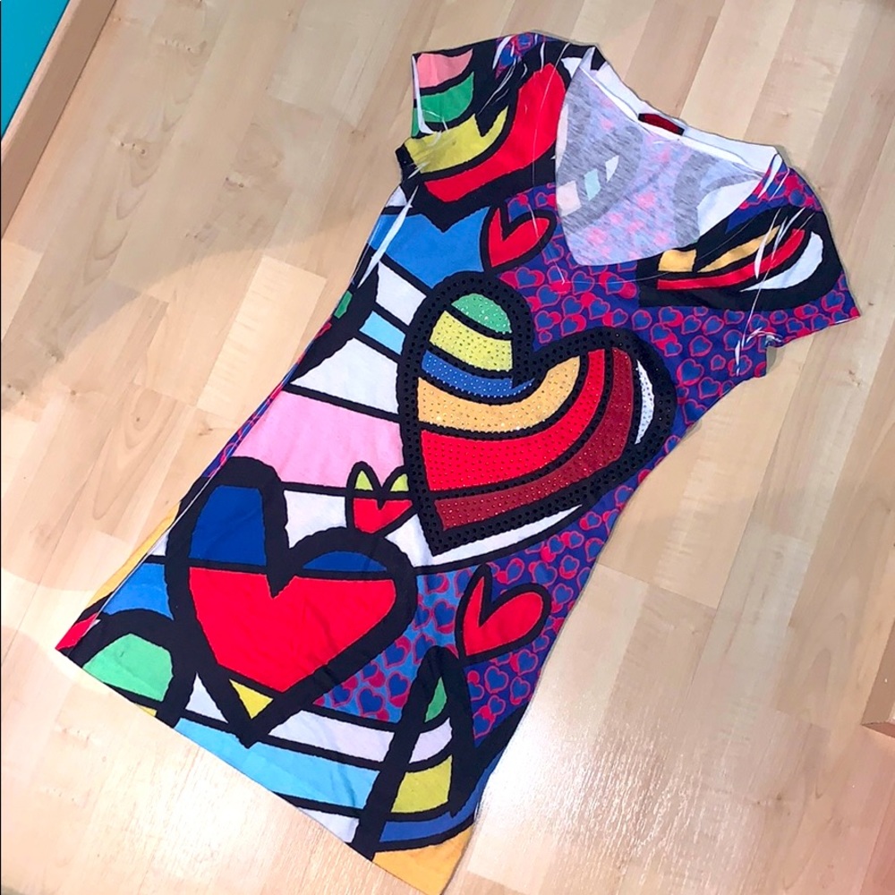 Romero Britto Hearts Style V-neck jewelled t-shirt